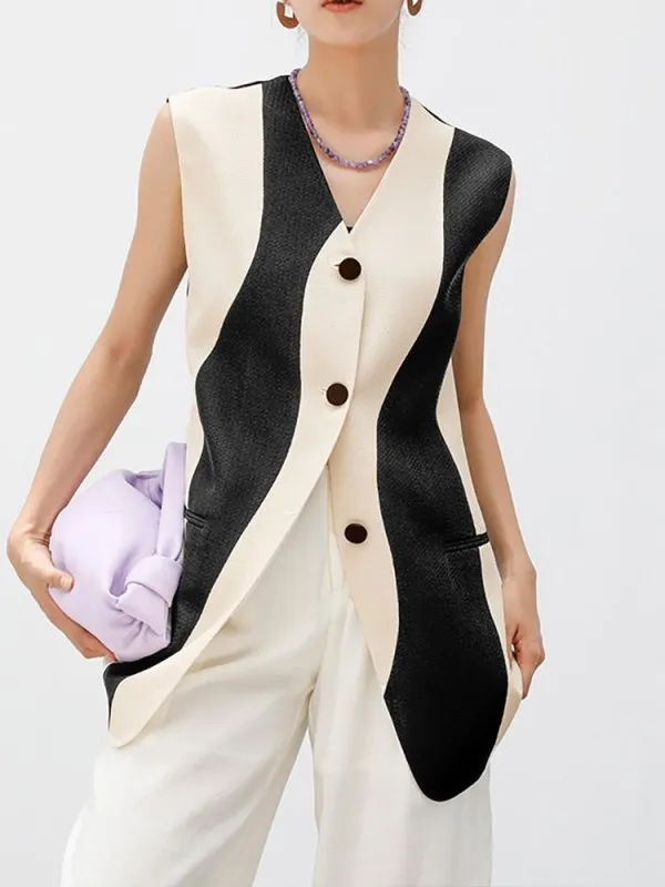 Fashion Women's Vest New V-neck Loose Single Breasted Sleeveless Contrast Color Outerwear Wasitcoat Autumn