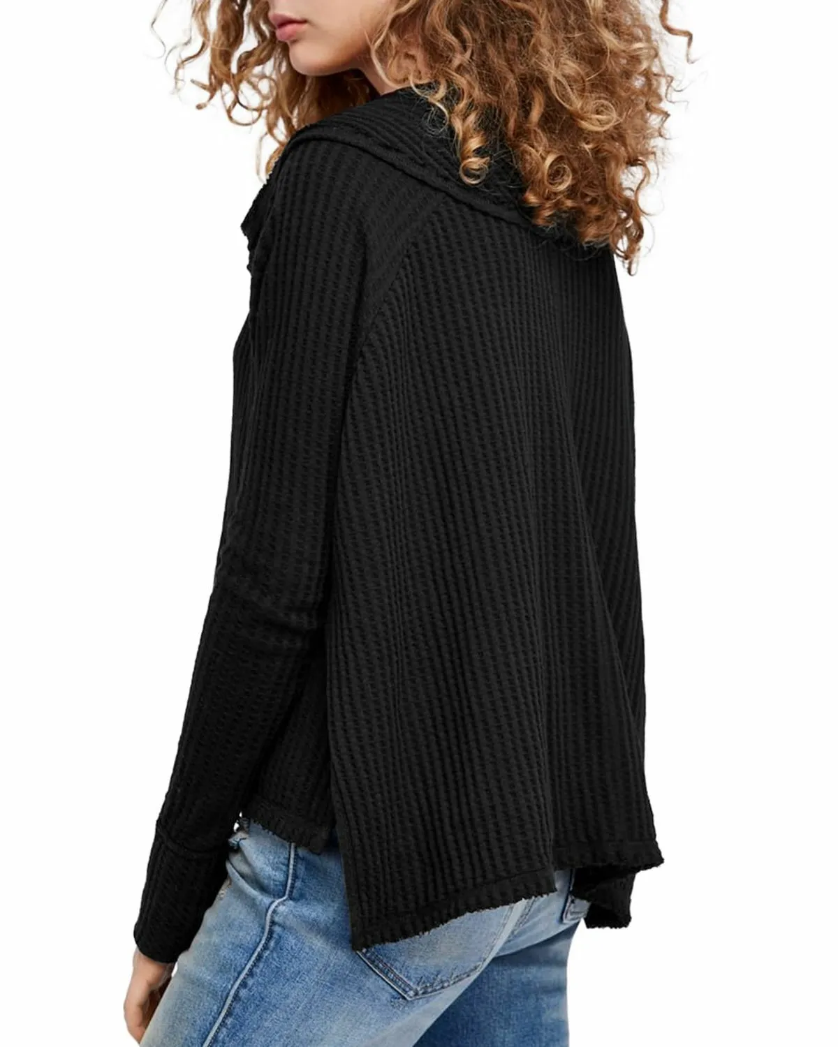 Free People Women's Wildcat Thermal Pullover Sweater, Black, XS