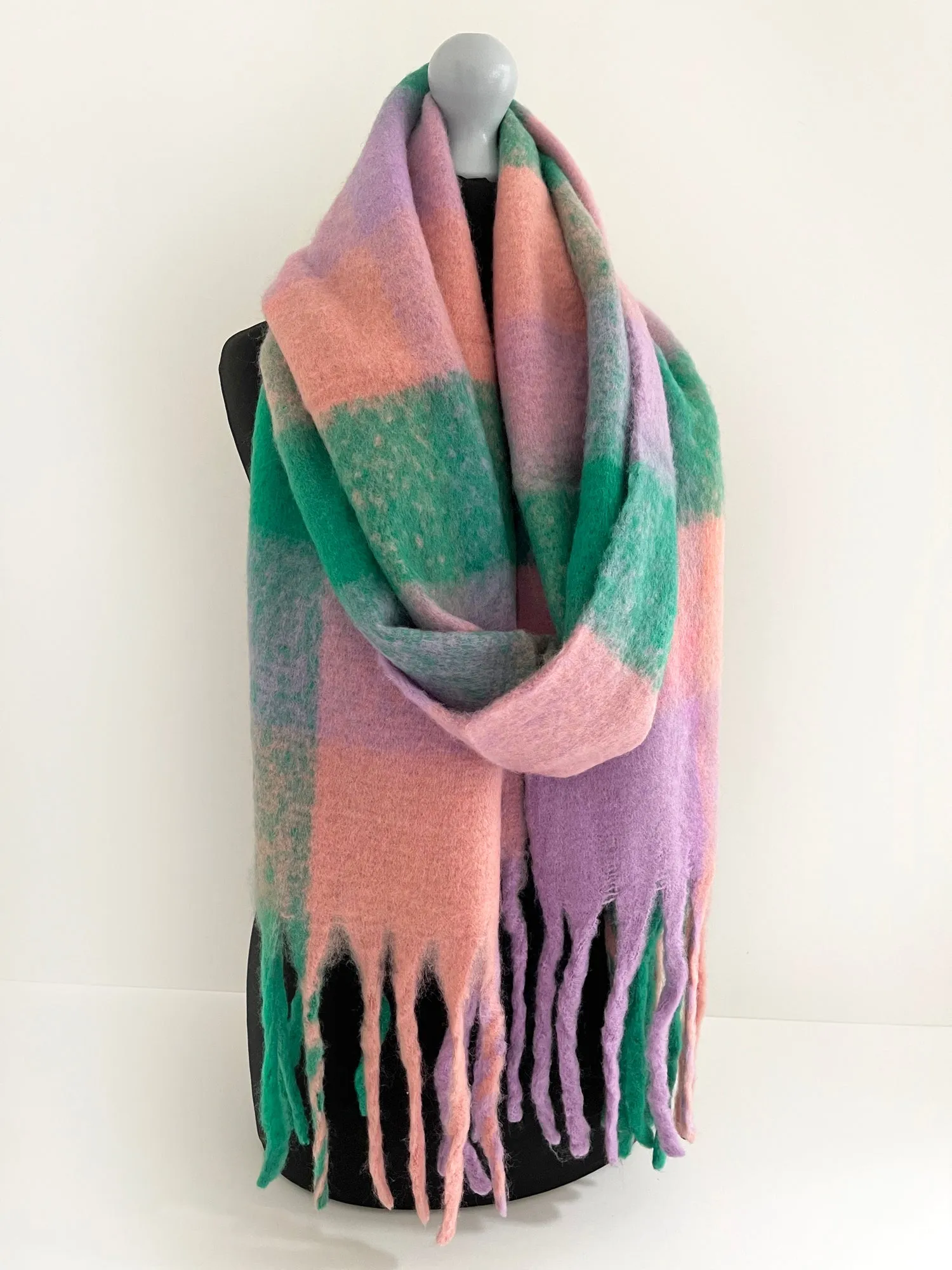 GREEN CHECKED WOOL RAINBOW BLANKET SCARF OVERSIZED WINTER SHAWL WRAP