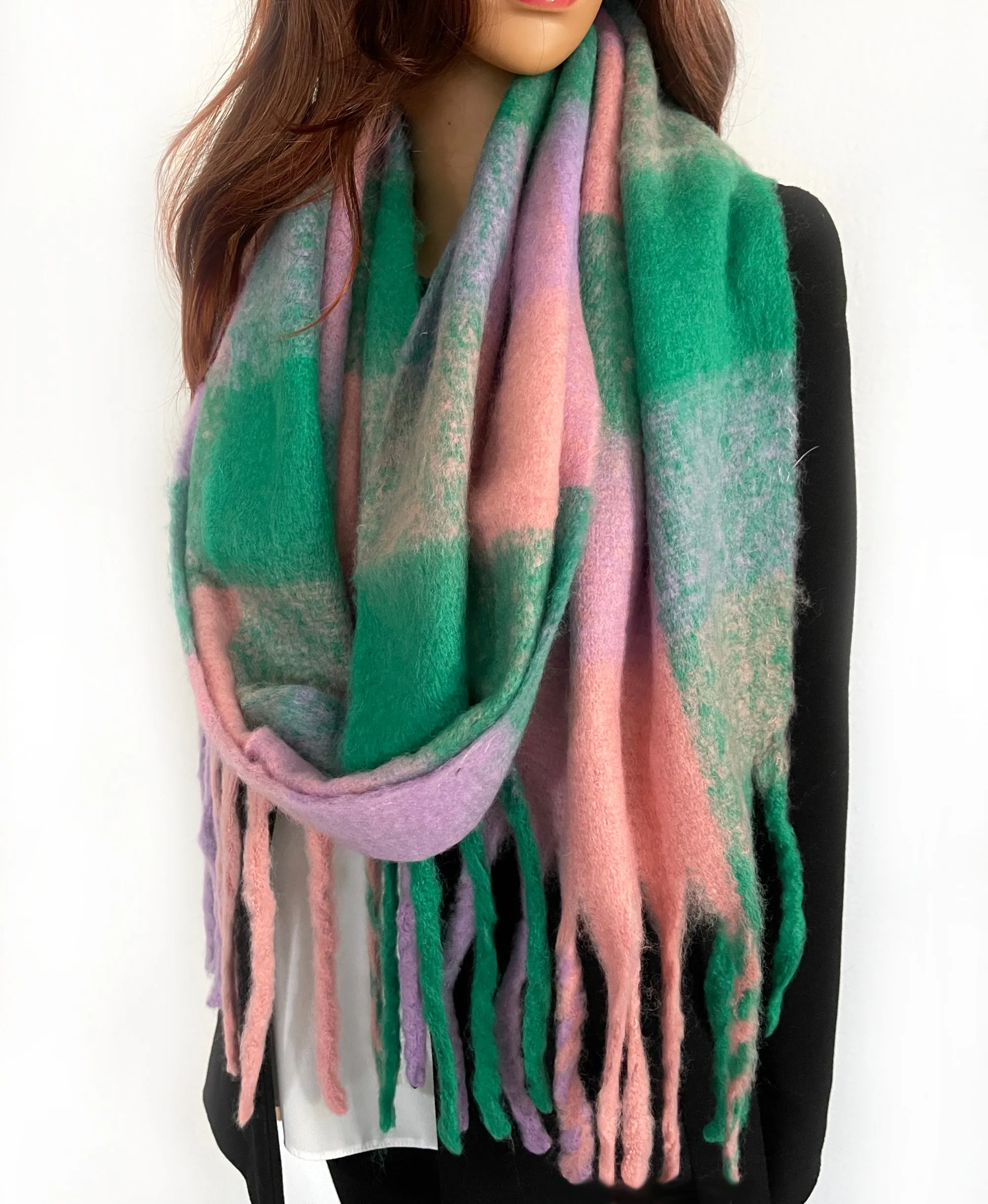 GREEN CHECKED WOOL RAINBOW BLANKET SCARF OVERSIZED WINTER SHAWL WRAP