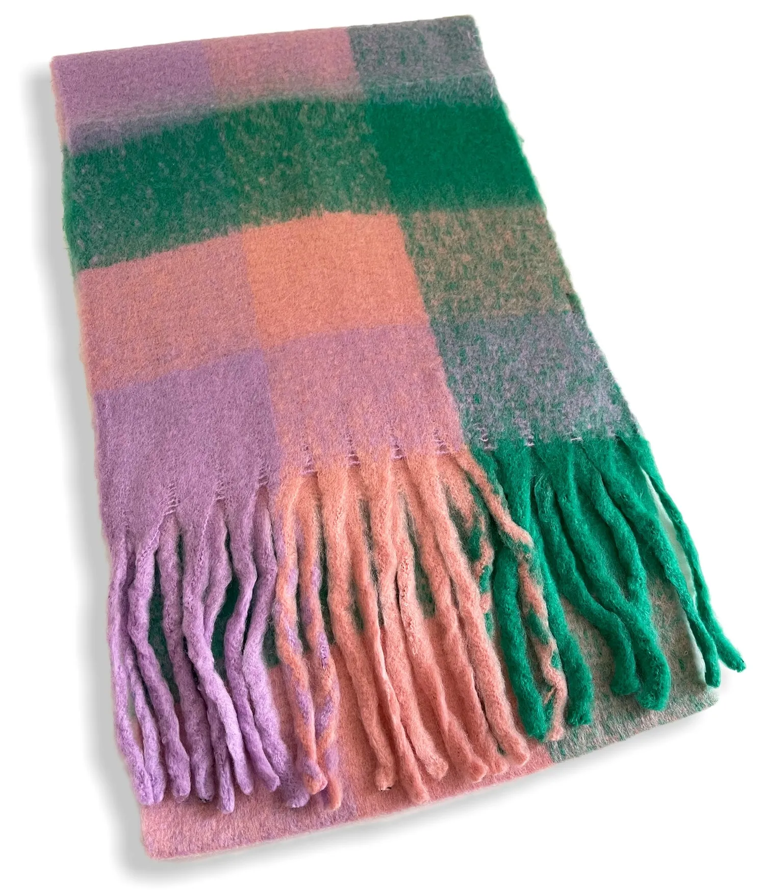 GREEN CHECKED WOOL RAINBOW BLANKET SCARF OVERSIZED WINTER SHAWL WRAP