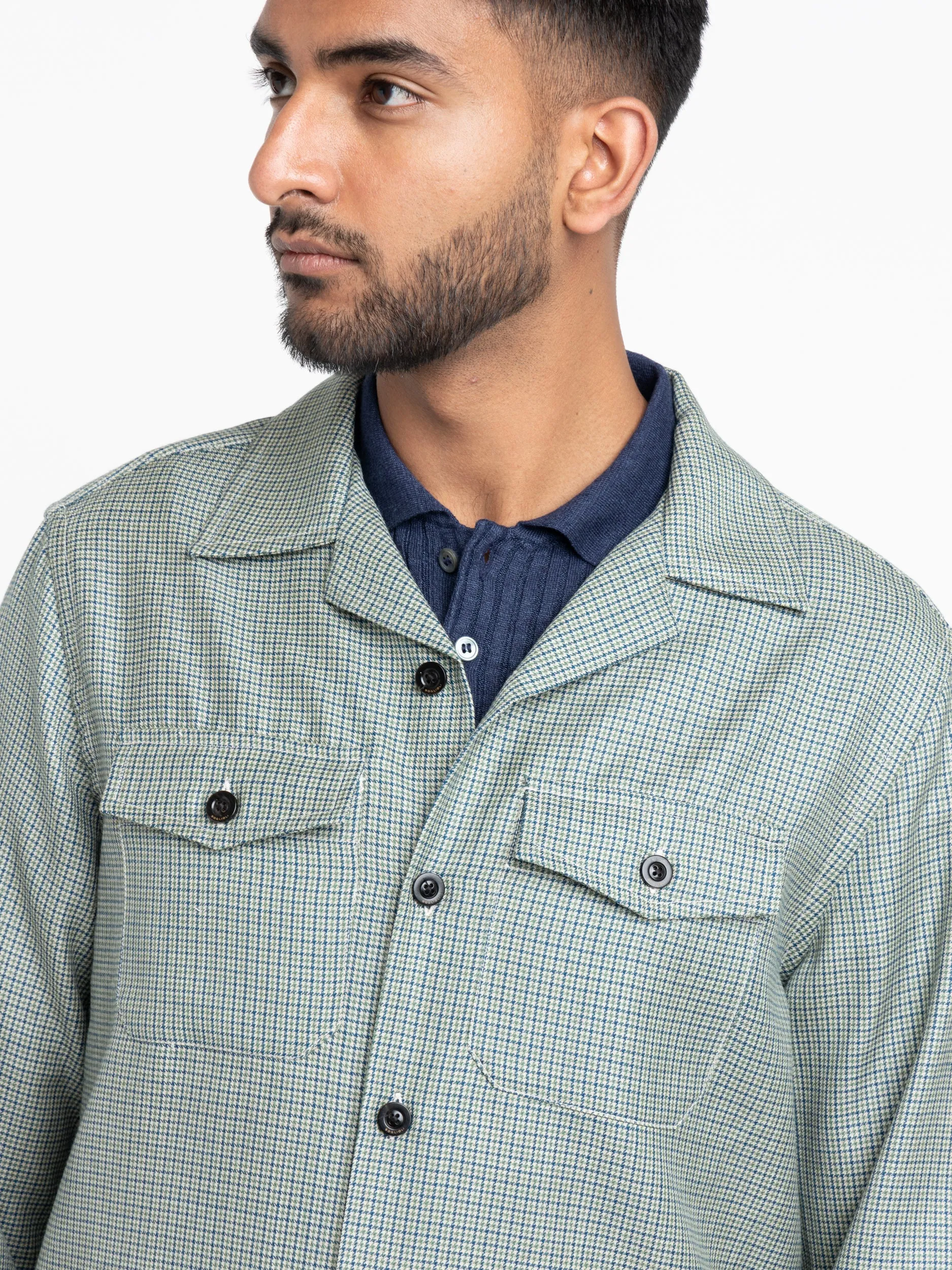 Green Wool-Silk Houndstooth Overshirt