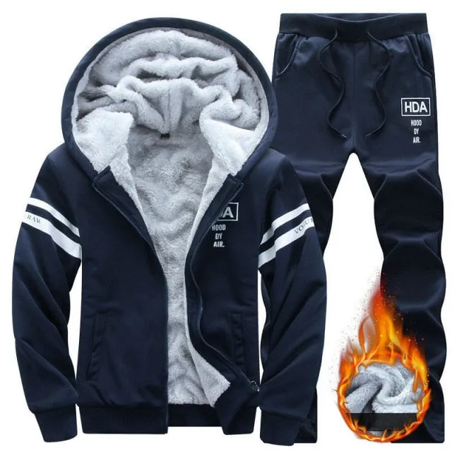 Inner Fur Mens Tracksuits Winter Casual Fleece Lined Sweatshirts Men 2 Piece Set