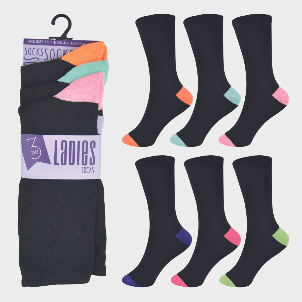 Ladies 3pk Contrast Socks