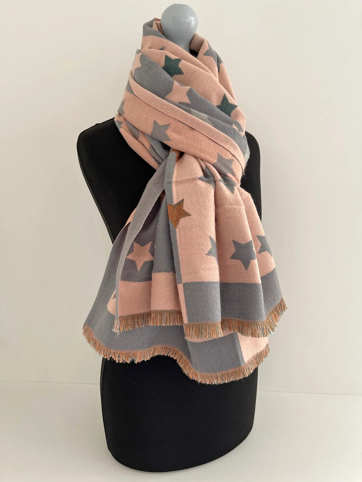 LARGE BLUSH PINK WOOL STAR PRINT REVERSIBLE WINTER SHAWL BLANKET SCARF