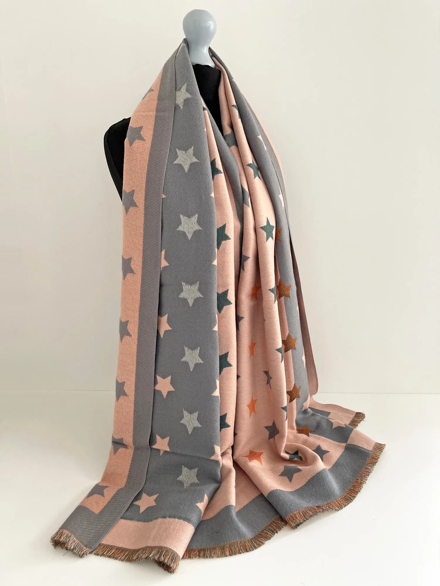 LARGE BLUSH PINK WOOL STAR PRINT REVERSIBLE WINTER SHAWL BLANKET SCARF