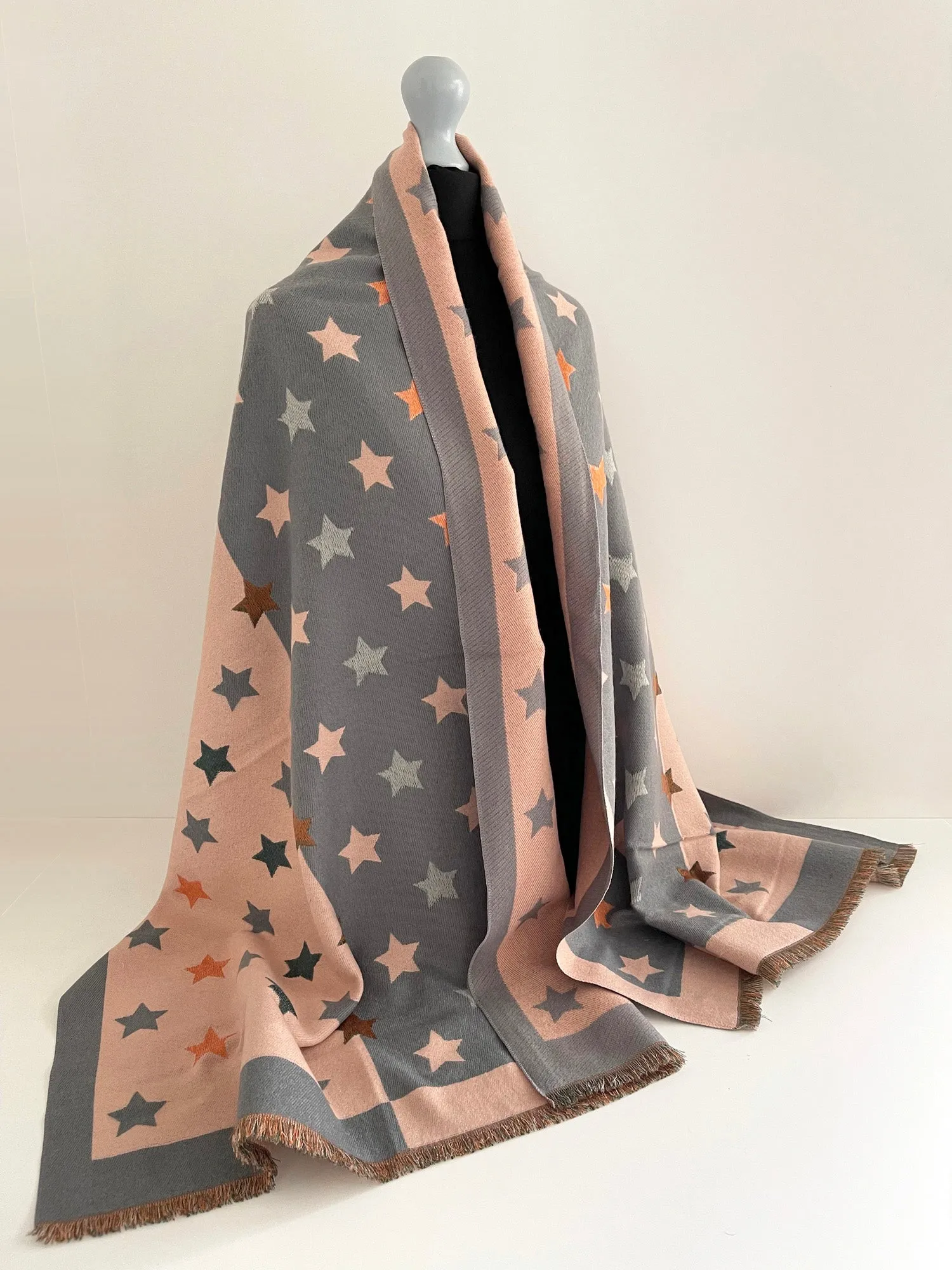 LARGE BLUSH PINK WOOL STAR PRINT REVERSIBLE WINTER SHAWL BLANKET SCARF