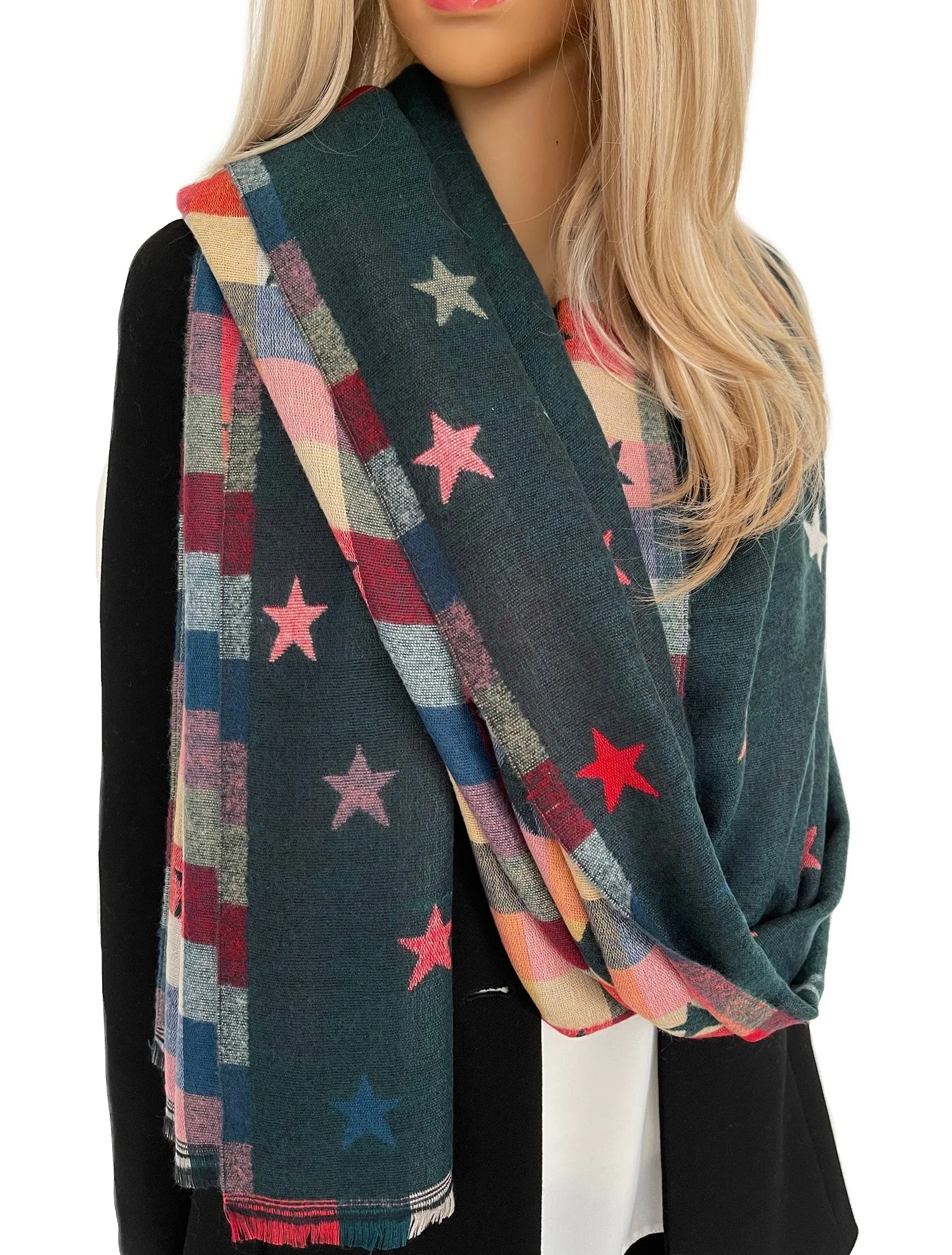 LARGE GREEN STAR PRINT REVERSIBLE WINTER SHAWL BLANKET SCARF