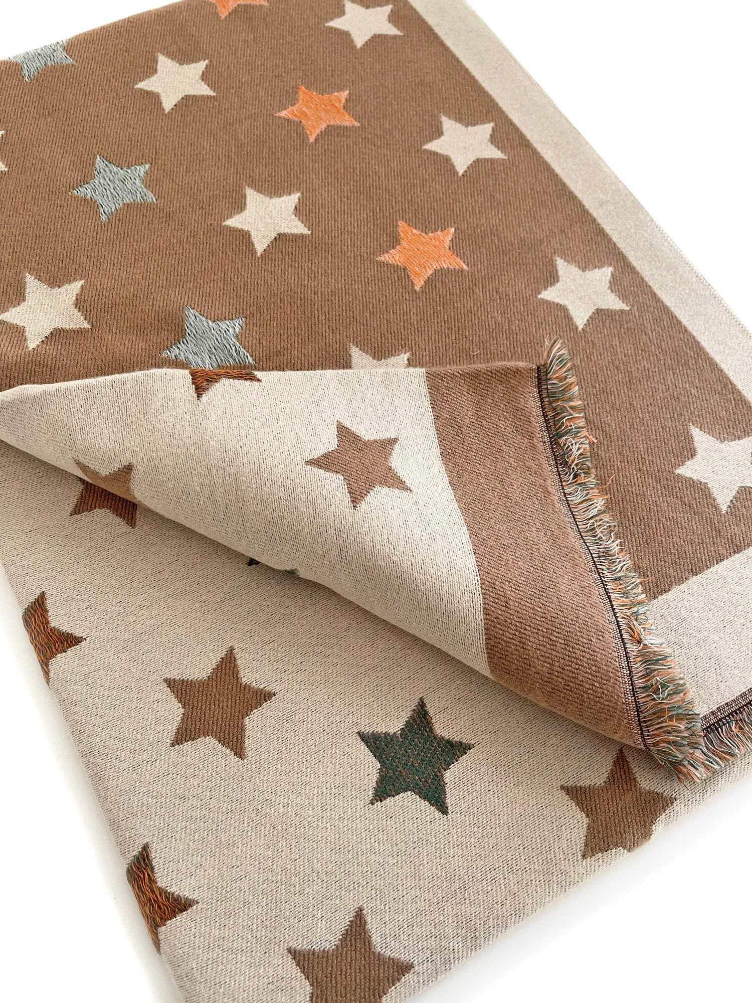 LARGE MOCHA BEIGE WOOL STAR PRINT REVERSIBLE WINTER SHAWL BLANKET SCARF