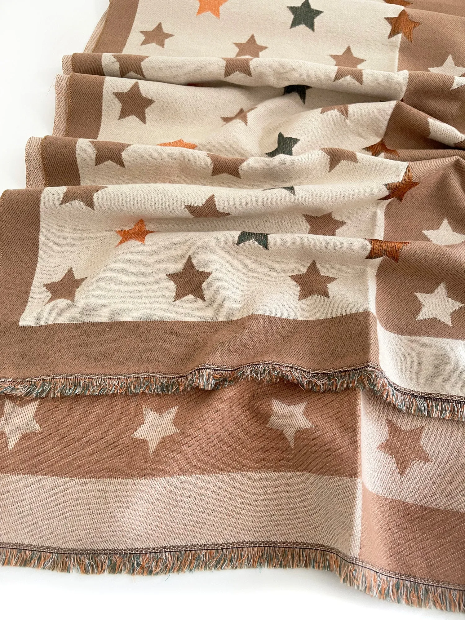 LARGE MOCHA BEIGE WOOL STAR PRINT REVERSIBLE WINTER SHAWL BLANKET SCARF