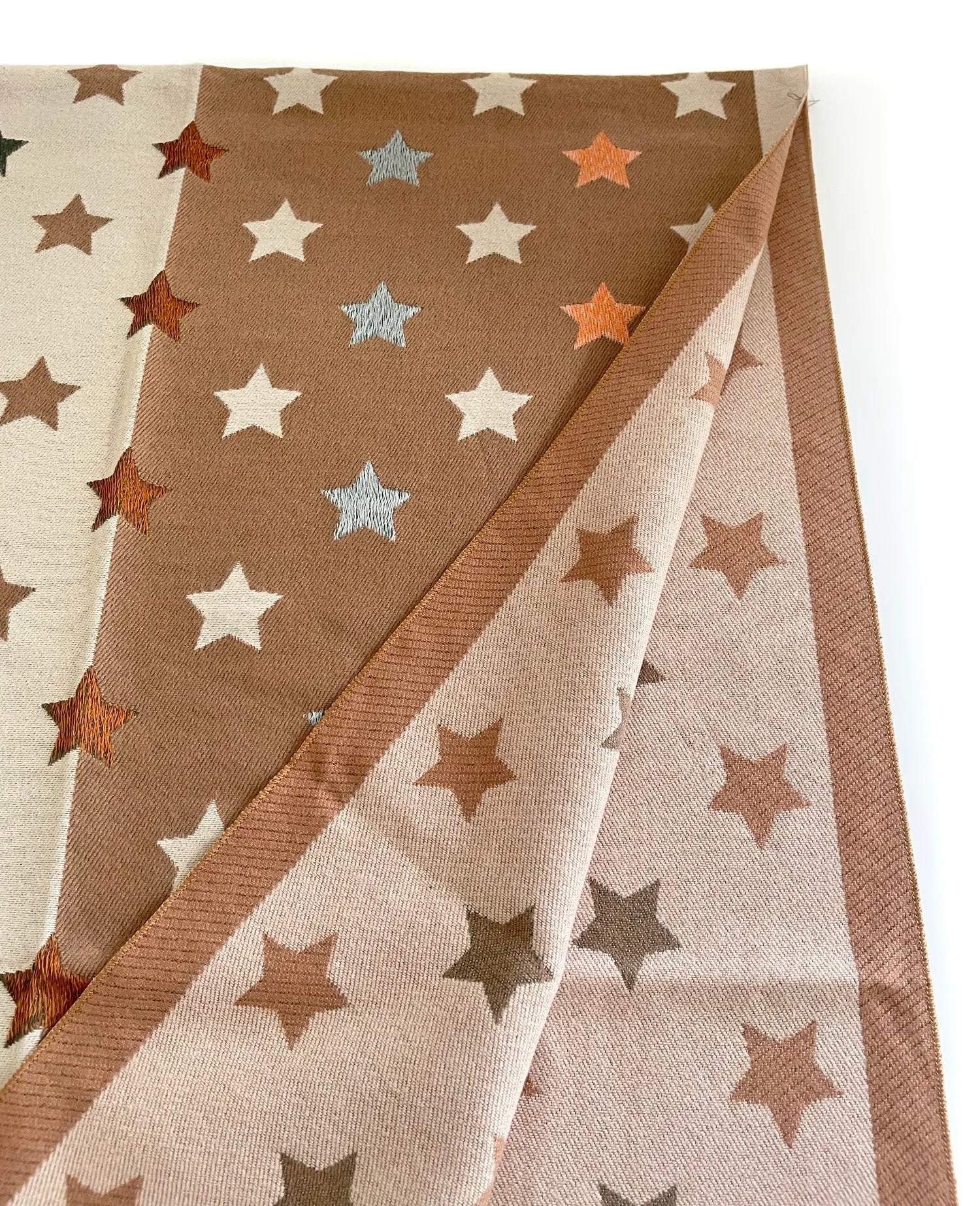 LARGE MOCHA BEIGE WOOL STAR PRINT REVERSIBLE WINTER SHAWL BLANKET SCARF