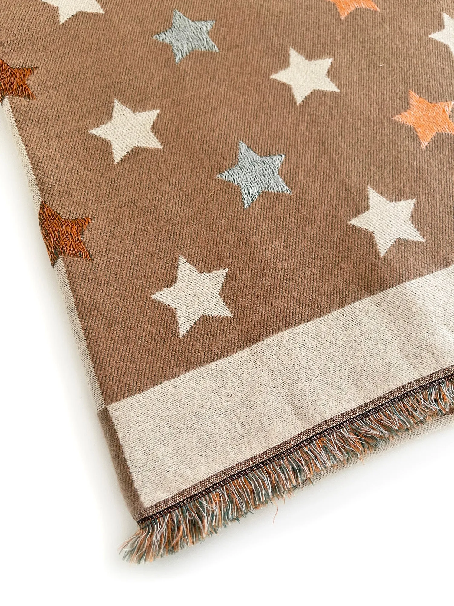 LARGE MOCHA BEIGE WOOL STAR PRINT REVERSIBLE WINTER SHAWL BLANKET SCARF