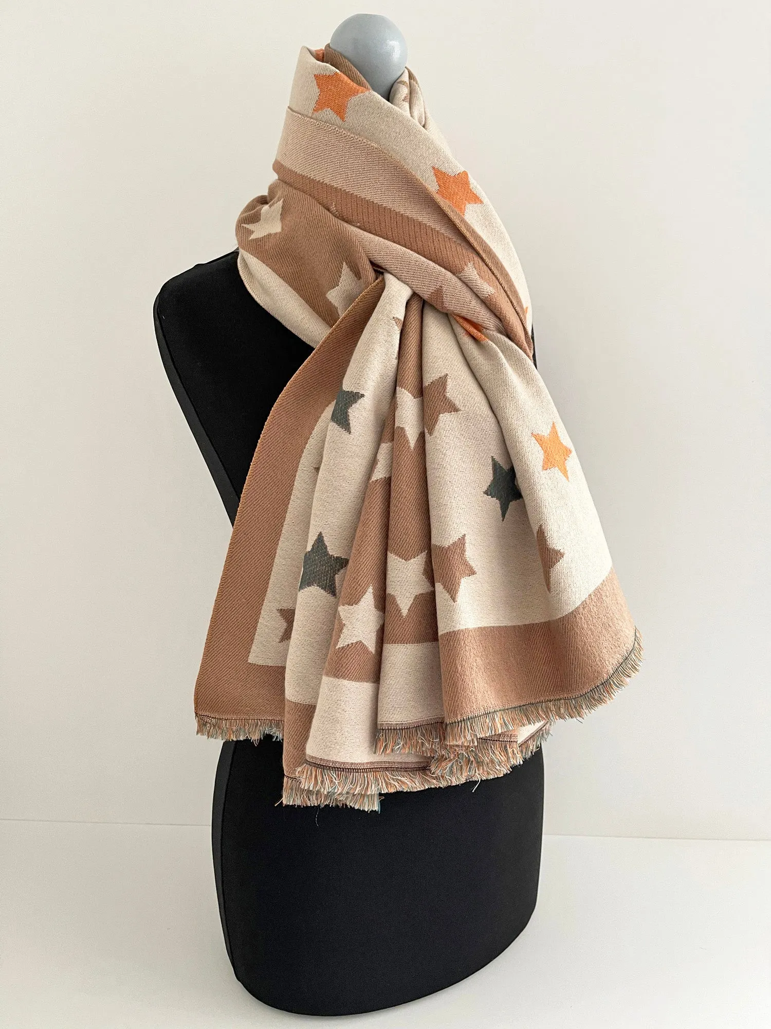 LARGE MOCHA BEIGE WOOL STAR PRINT REVERSIBLE WINTER SHAWL BLANKET SCARF