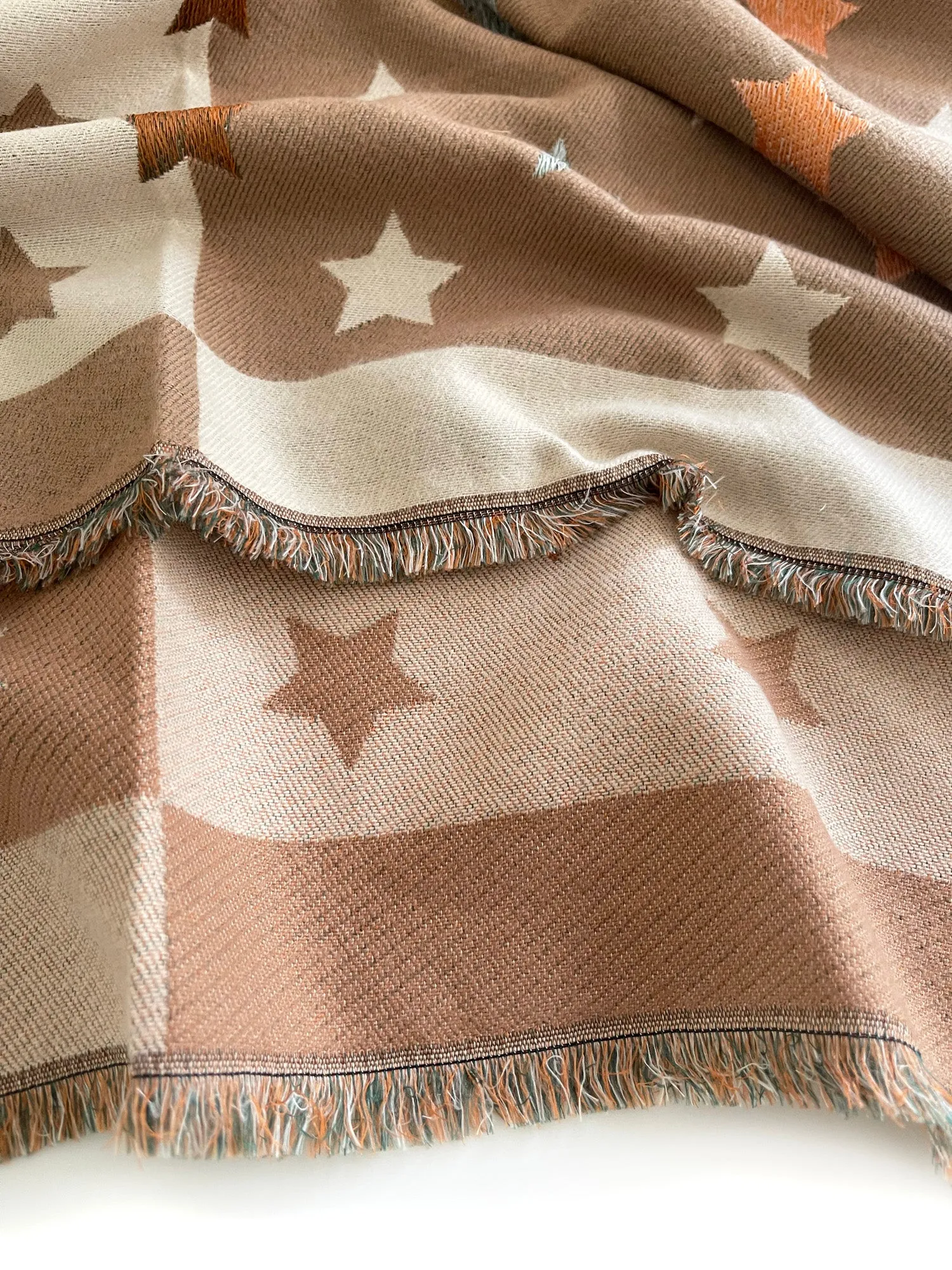 LARGE MOCHA BEIGE WOOL STAR PRINT REVERSIBLE WINTER SHAWL BLANKET SCARF