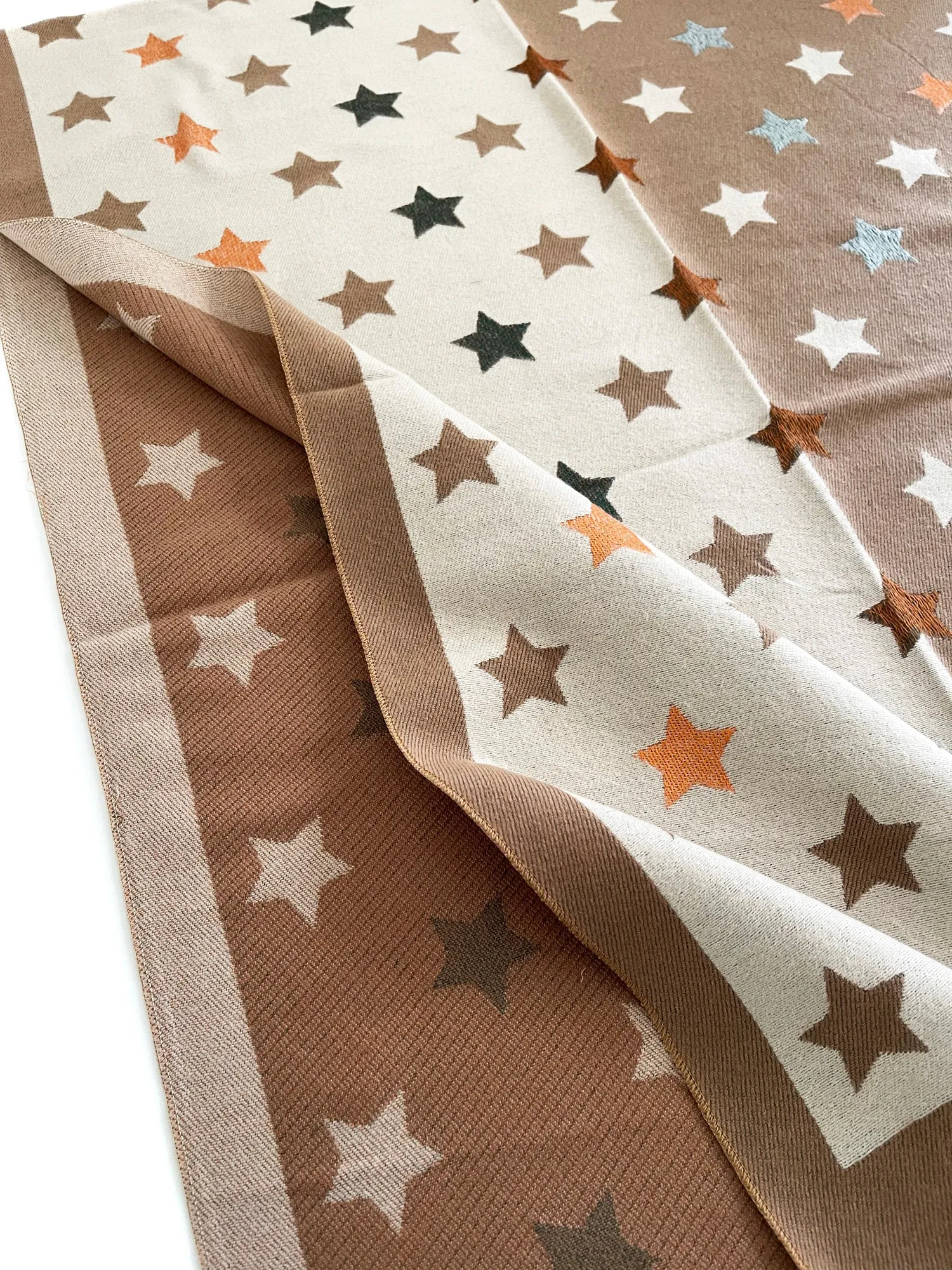 LARGE MOCHA BEIGE WOOL STAR PRINT REVERSIBLE WINTER SHAWL BLANKET SCARF