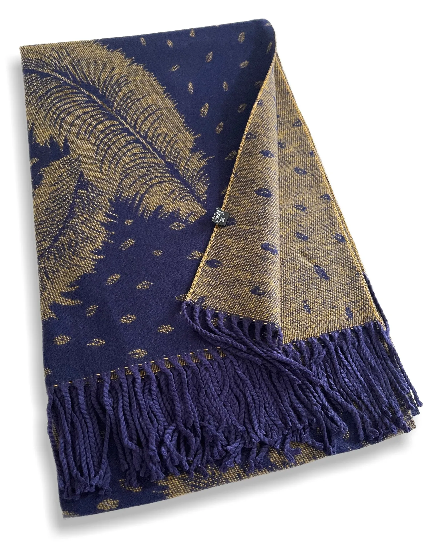 LARGE NAVY BLUE CASHMERE FEATHER PRINT REVERSIBLE WINTER SHAWL BLANKET SCARF