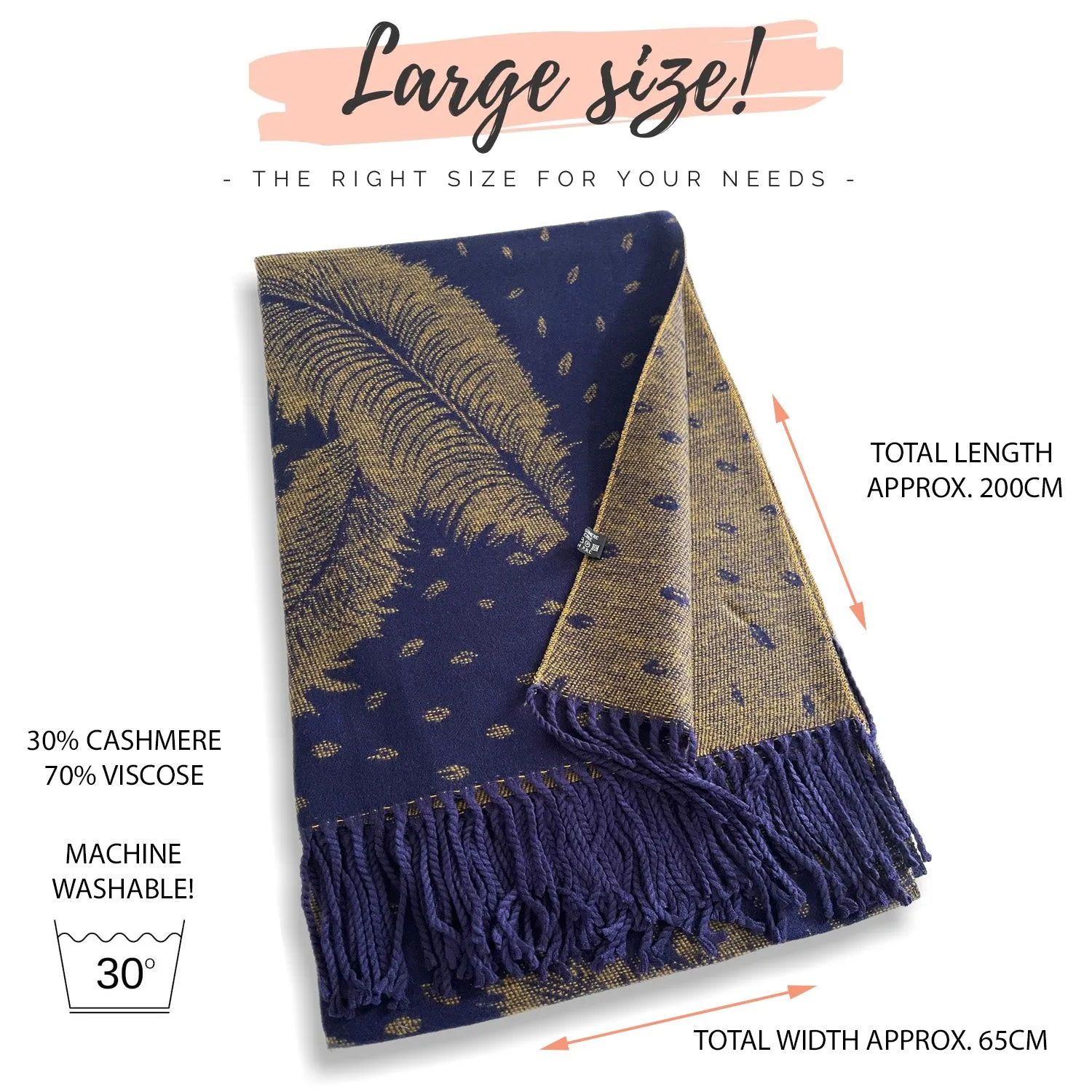 LARGE NAVY BLUE CASHMERE FEATHER PRINT REVERSIBLE WINTER SHAWL BLANKET SCARF