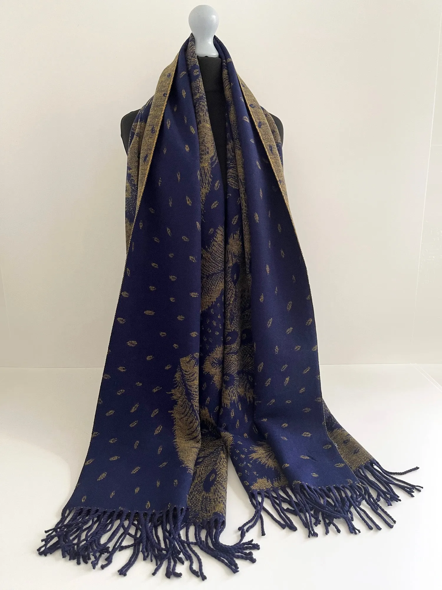 LARGE NAVY BLUE CASHMERE FEATHER PRINT REVERSIBLE WINTER SHAWL BLANKET SCARF