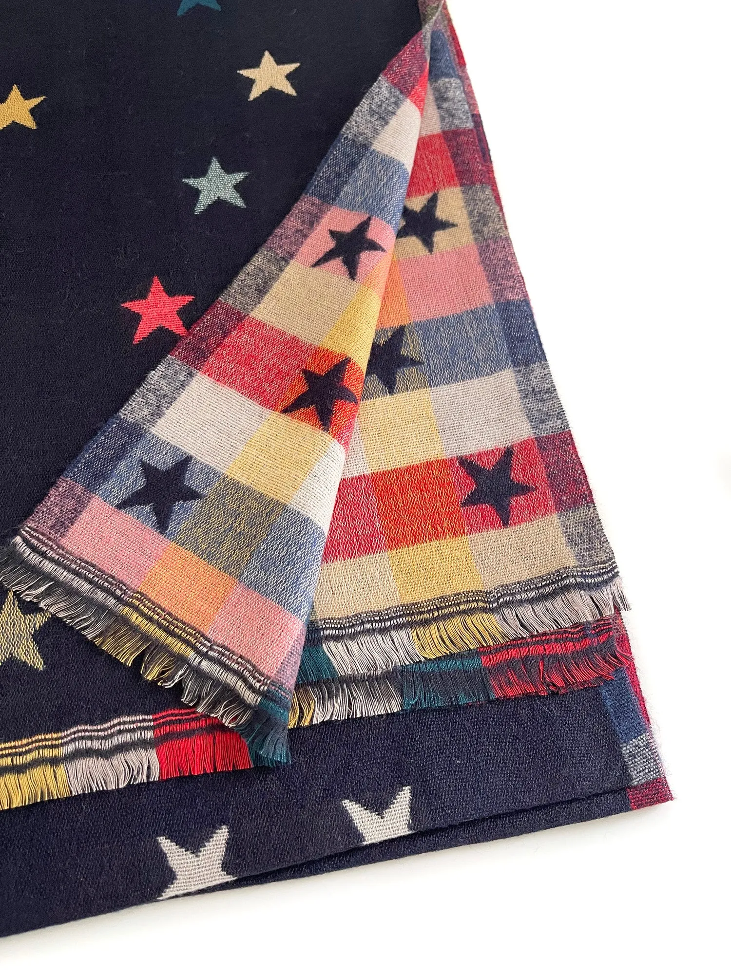 LARGE NAVY BLUE STAR PRINT REVERSIBLE WINTER SHAWL BLANKET SCARF