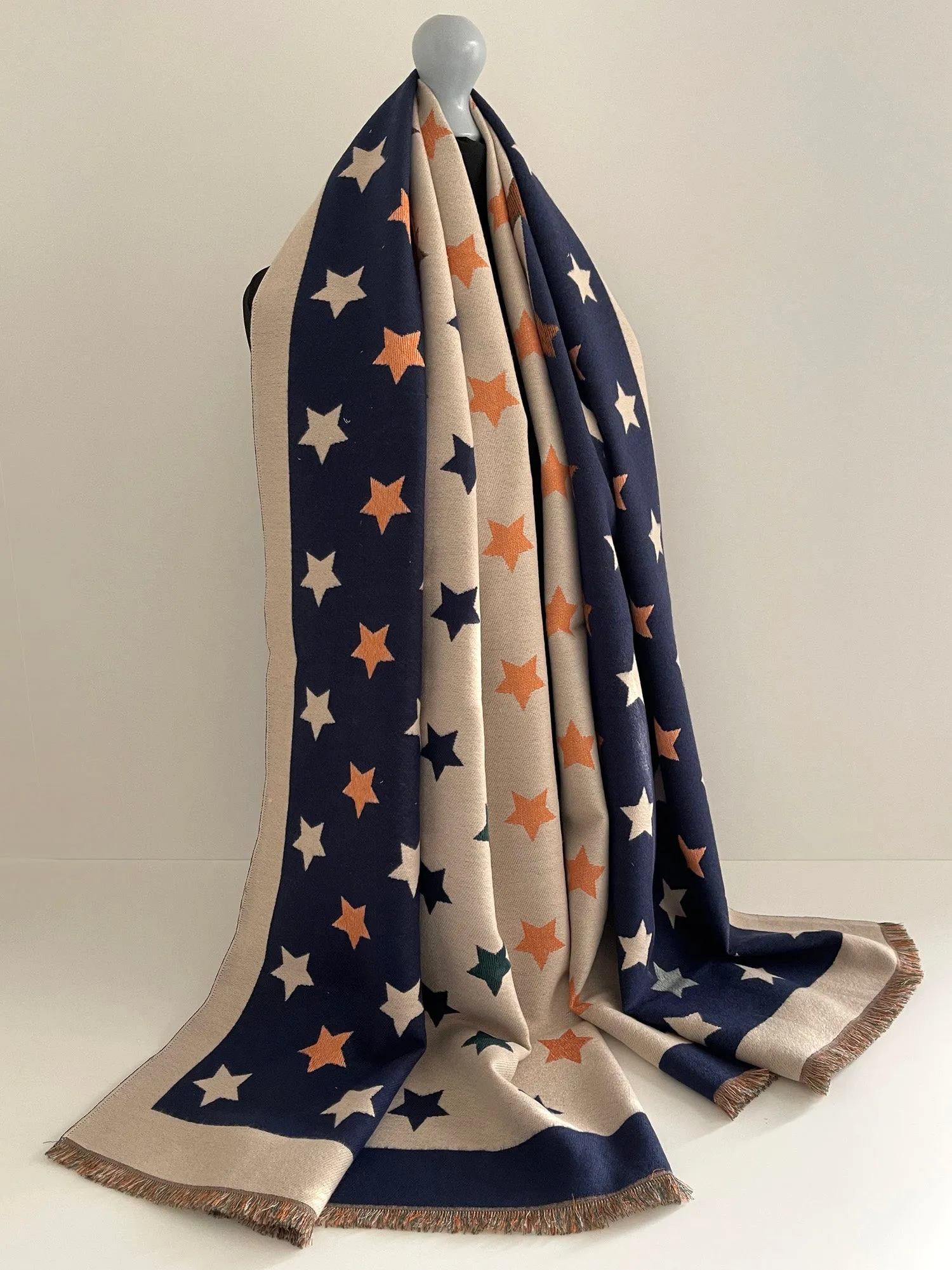 LARGE NAVY BLUE WOOL STAR PRINT REVERSIBLE WINTER SHAWL BLANKET SCARF