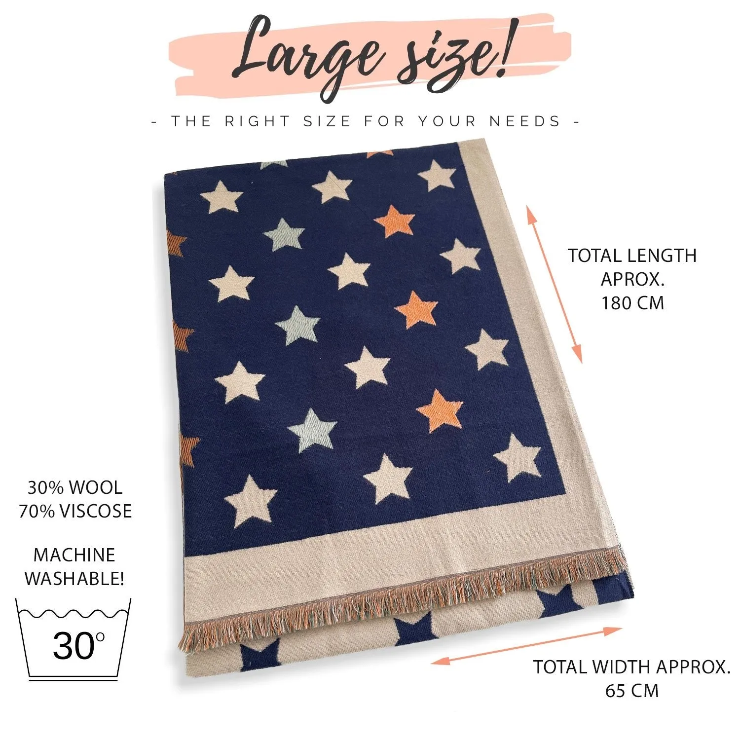 LARGE NAVY BLUE WOOL STAR PRINT REVERSIBLE WINTER SHAWL BLANKET SCARF