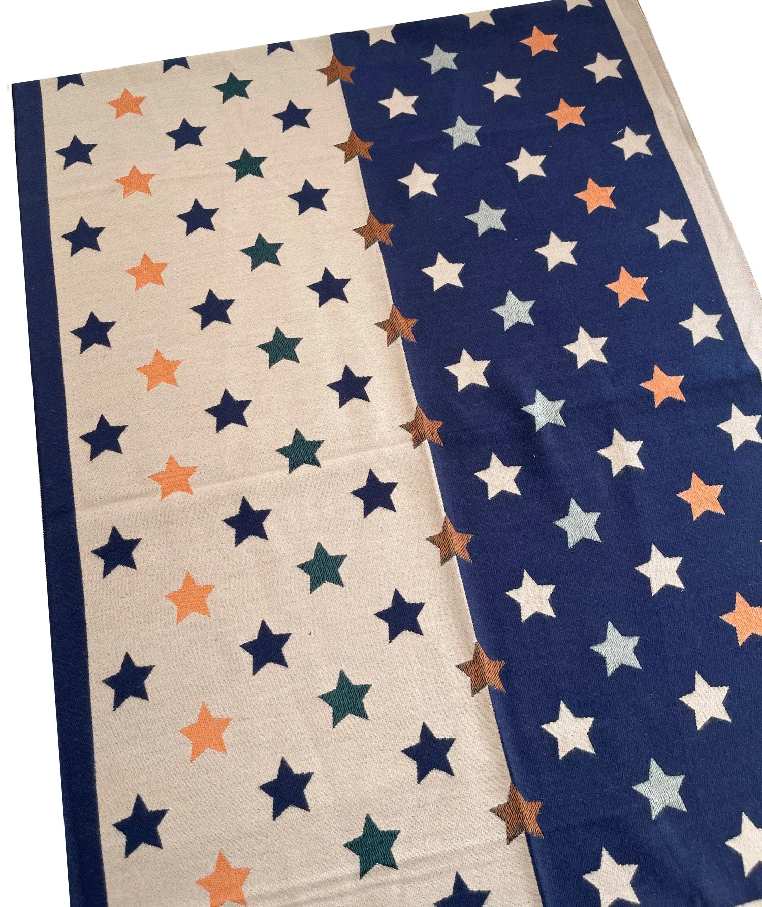 LARGE NAVY BLUE WOOL STAR PRINT REVERSIBLE WINTER SHAWL BLANKET SCARF