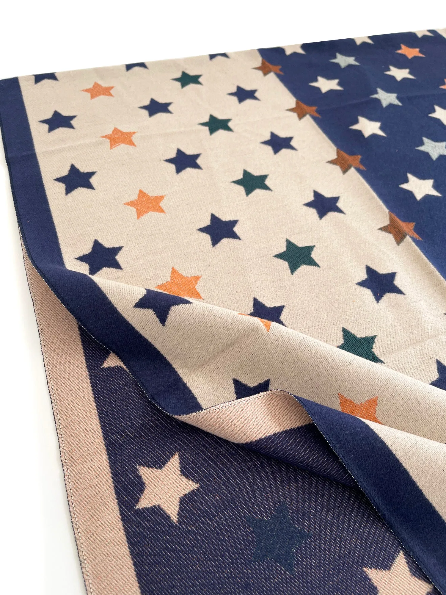 LARGE NAVY BLUE WOOL STAR PRINT REVERSIBLE WINTER SHAWL BLANKET SCARF