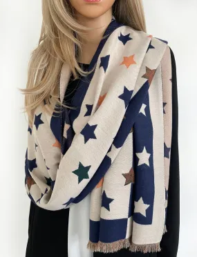 LARGE NAVY BLUE WOOL STAR PRINT REVERSIBLE WINTER SHAWL BLANKET SCARF