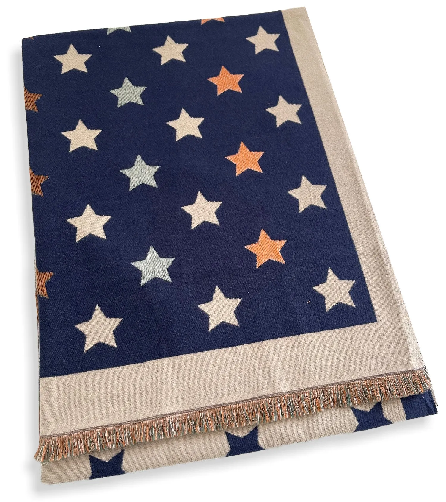 LARGE NAVY BLUE WOOL STAR PRINT REVERSIBLE WINTER SHAWL BLANKET SCARF