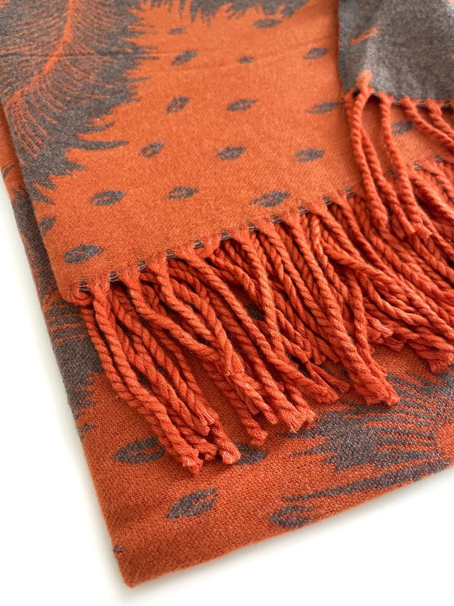 LARGE ORANGE CASHMERE FEATHER PRINT REVERSIBLE WINTER SHAWL BLANKET SCARF