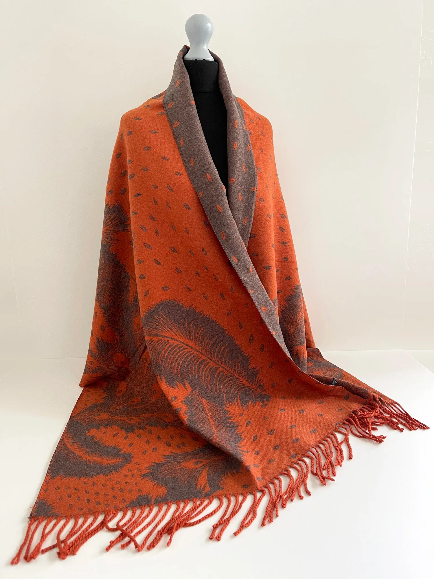 LARGE ORANGE CASHMERE FEATHER PRINT REVERSIBLE WINTER SHAWL BLANKET SCARF