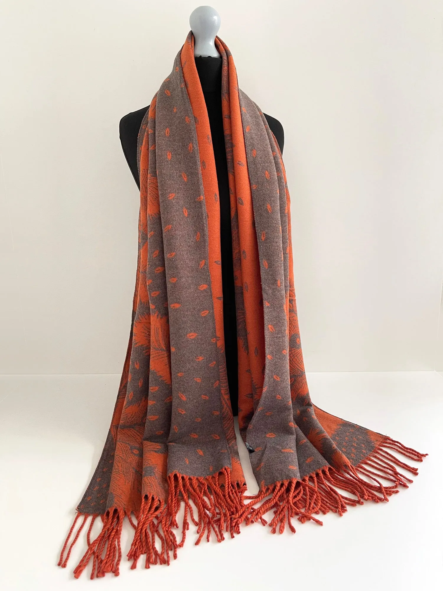 LARGE ORANGE CASHMERE FEATHER PRINT REVERSIBLE WINTER SHAWL BLANKET SCARF