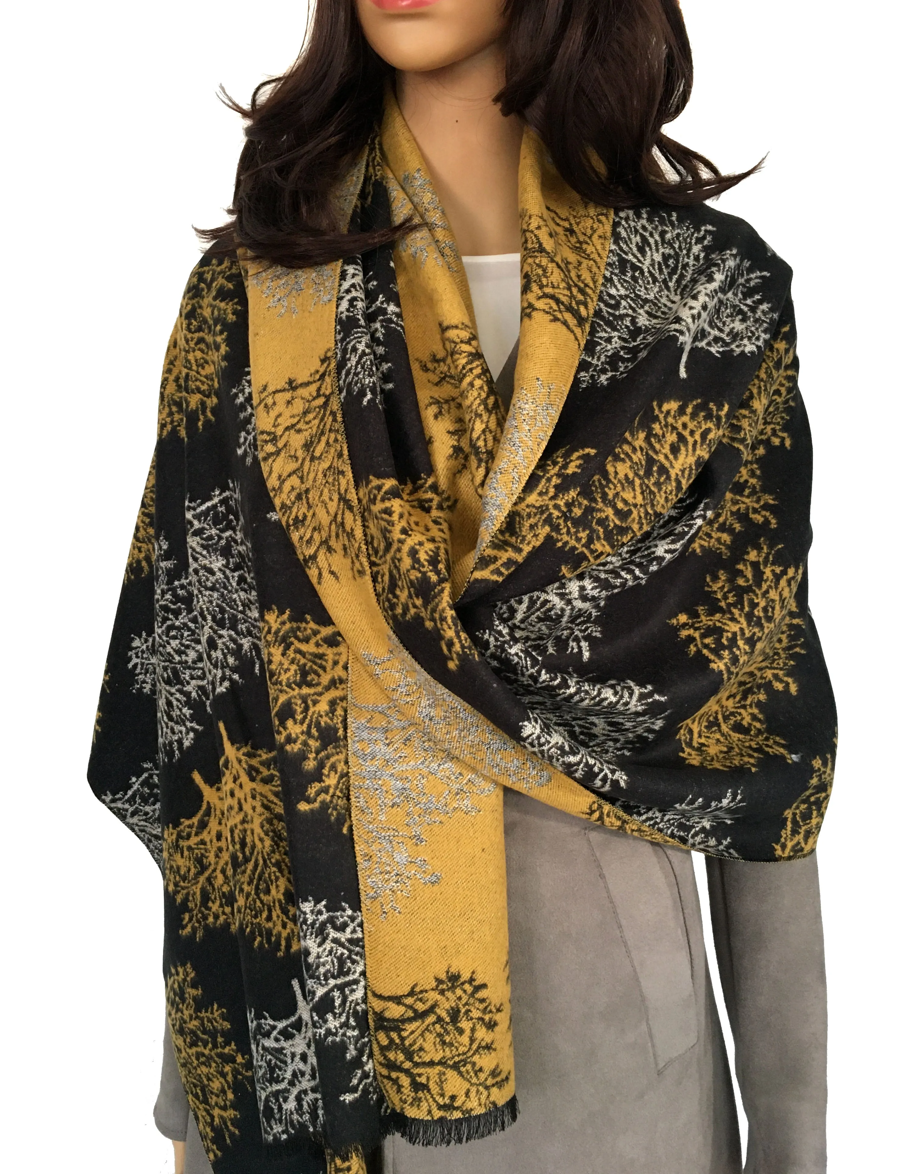 LARGE THICK BLACK TREE REVERSIBLE WINTER SHAWL BLANKET SCARF