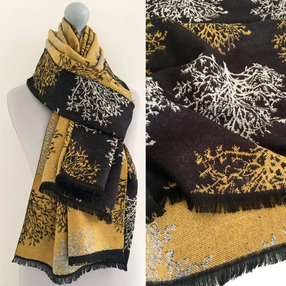 LARGE THICK BLACK TREE REVERSIBLE WINTER SHAWL BLANKET SCARF