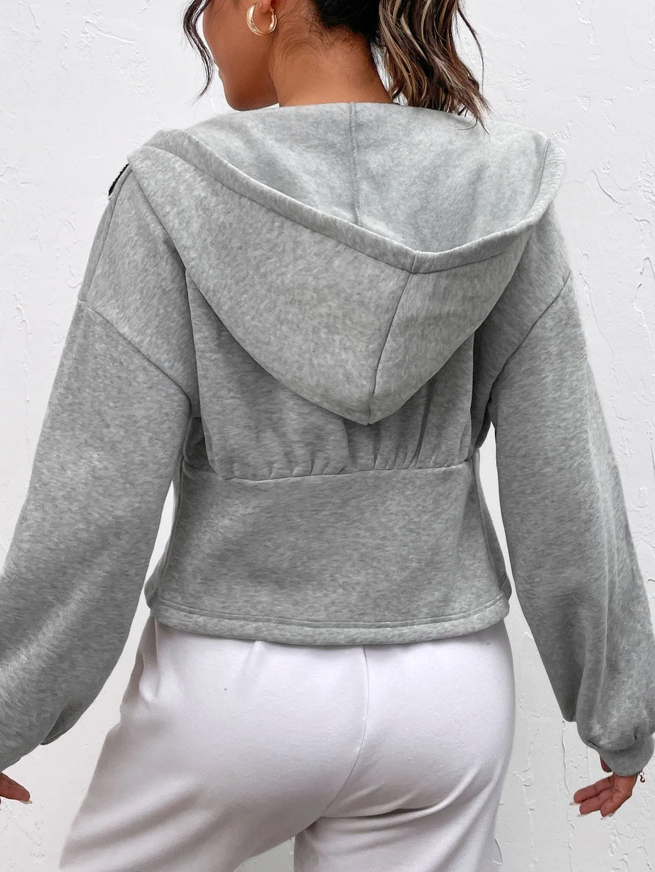 Letter Patch Drop Shoulder Zip Up Corset Waist Thermal Hoodie