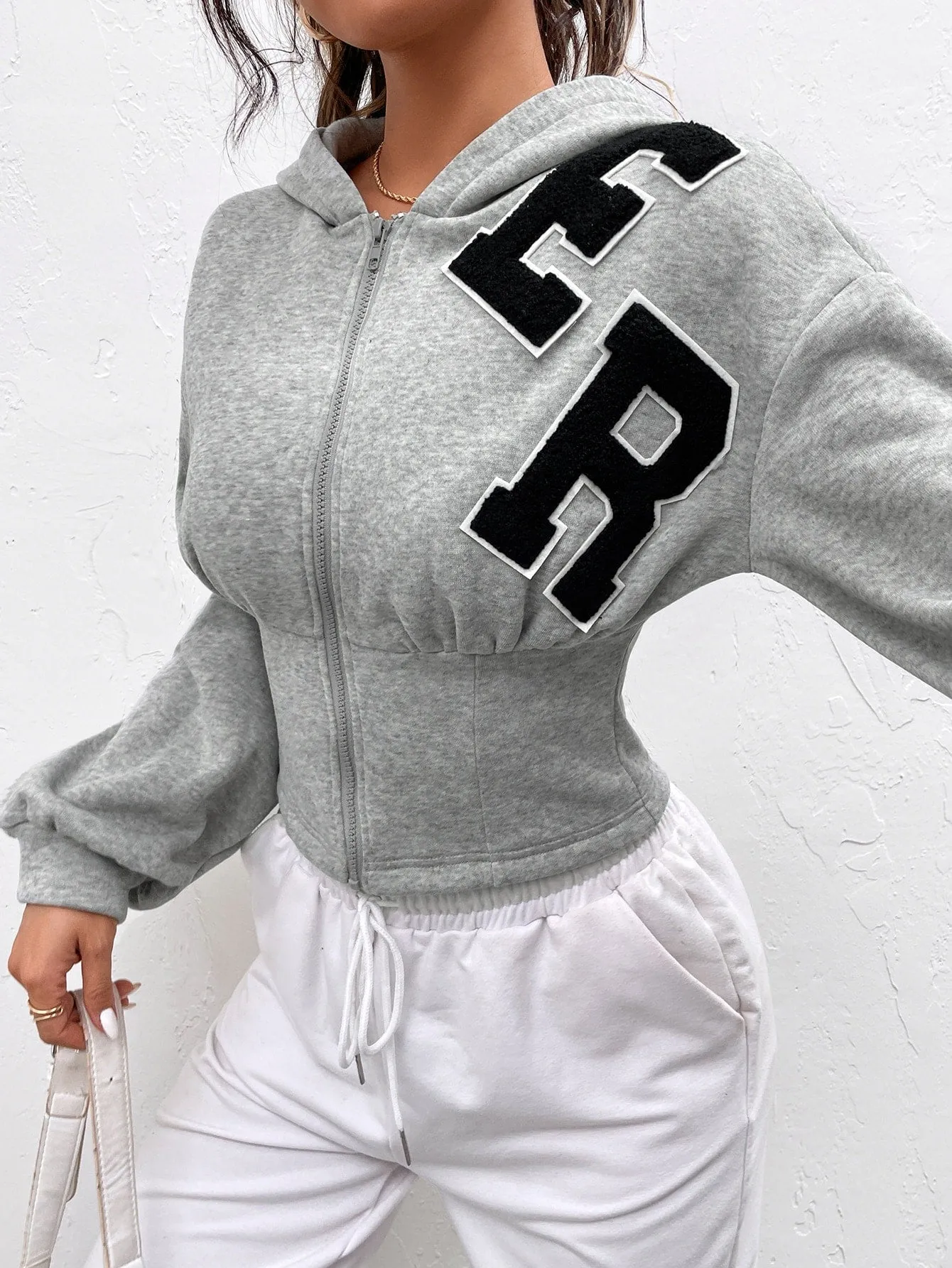 Letter Patch Drop Shoulder Zip Up Corset Waist Thermal Hoodie