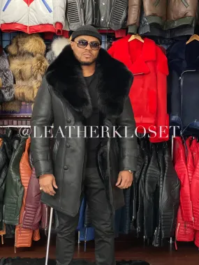 Men's Shearling Pea Coat With Fox Collar [Black]