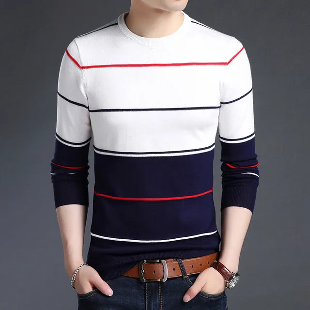 New Fashion Brand Sweater Men's Pullover Striped Slim Fit Jumpers Knitted Woolen Autumn Korean Style Casual Men Clothes