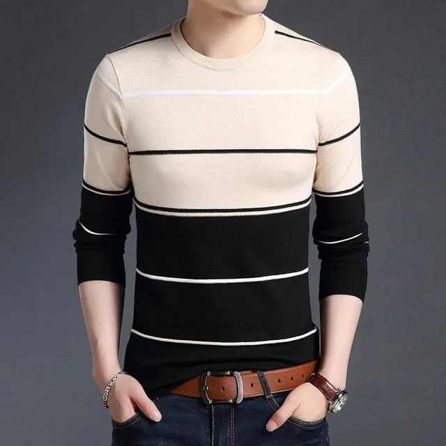 New Fashion Brand Sweater Men's Pullover Striped Slim Fit Jumpers Knitted Woolen Autumn Korean Style Casual Men Clothes