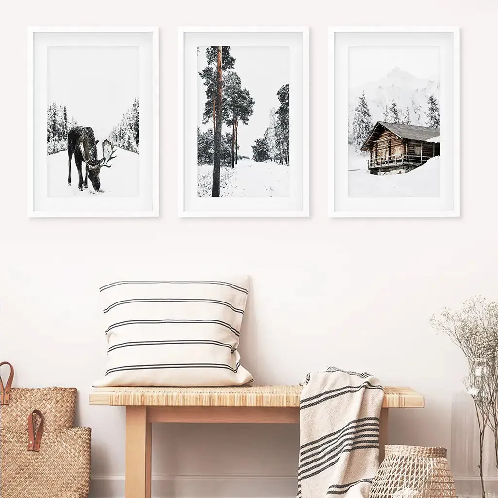 Nordic Winter 3 Piece Photo Set. Pine Forest, Moose, Log Cabin