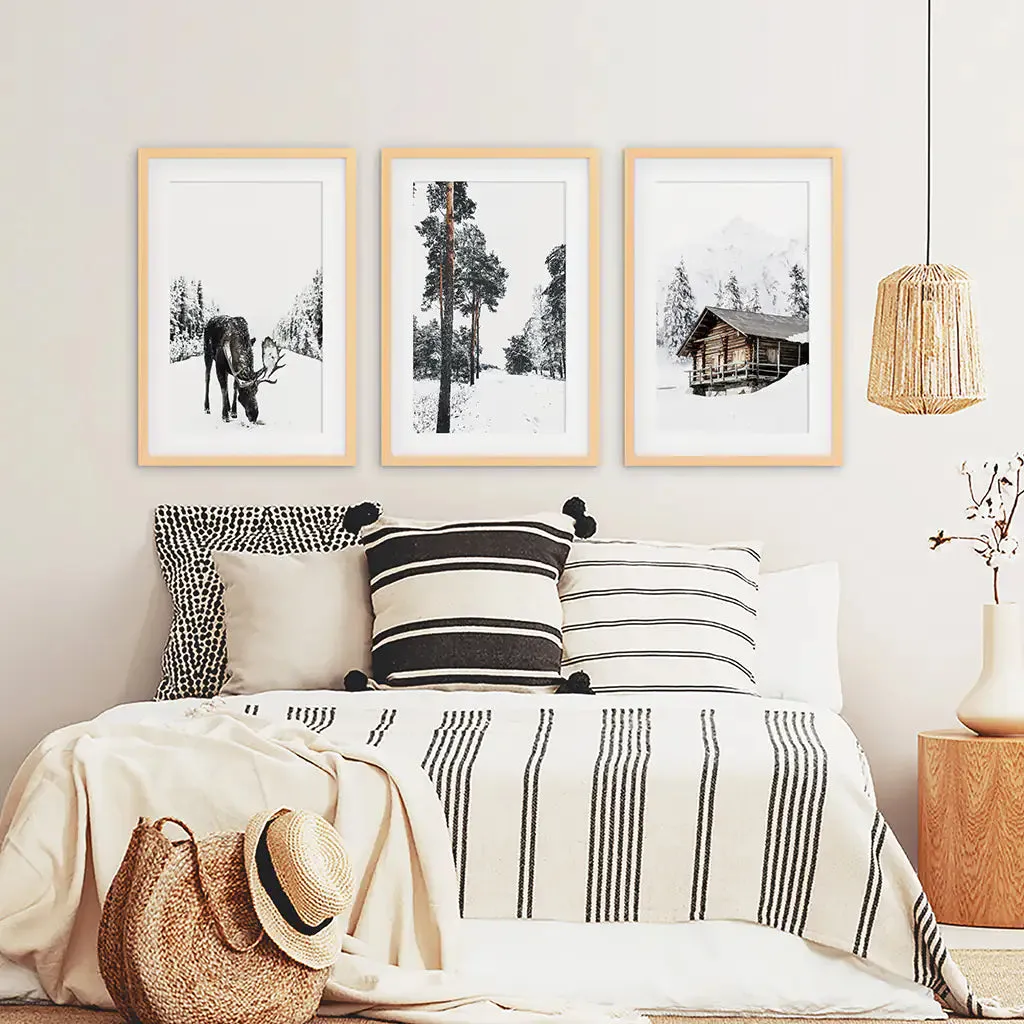 Nordic Winter 3 Piece Photo Set. Pine Forest, Moose, Log Cabin