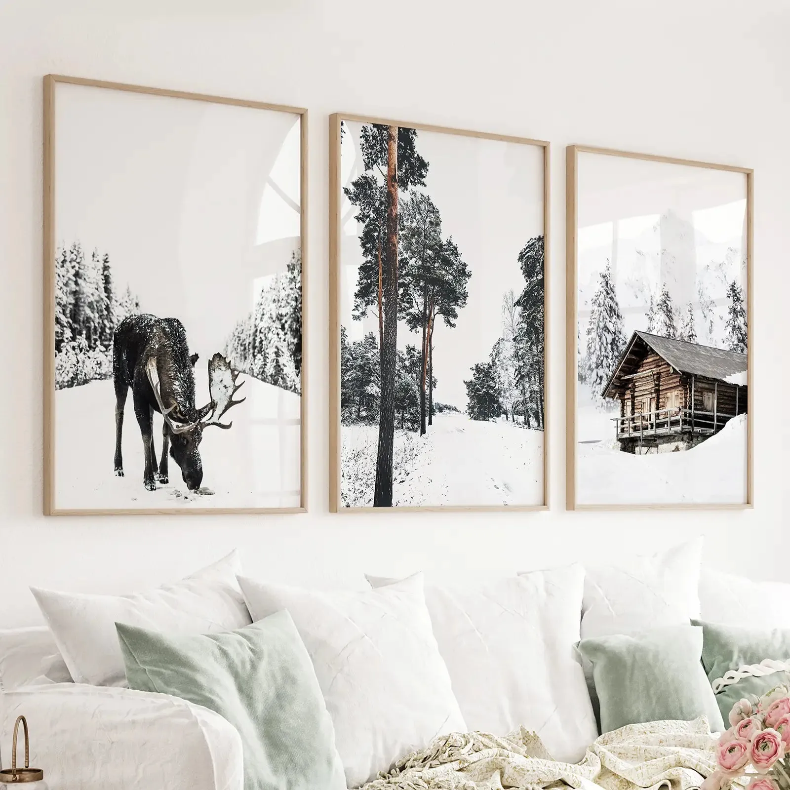 Nordic Winter 3 Piece Photo Set. Pine Forest, Moose, Log Cabin