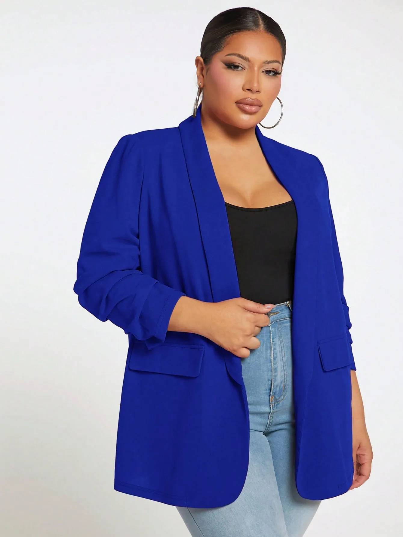 Plus Ruched Sleeve Open Front Blazer Coat