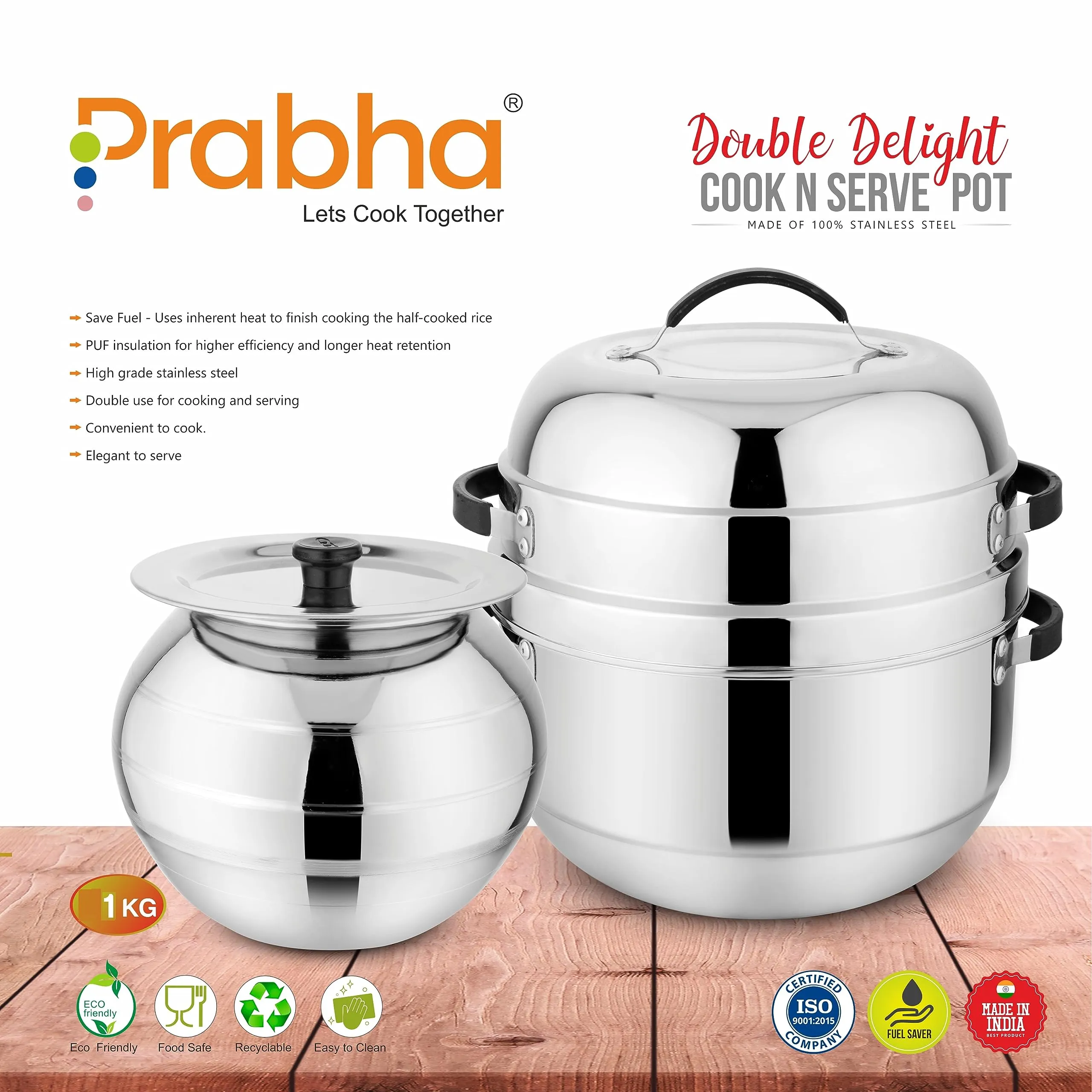 Prabha Stainless Steel Thermal Rice Cooker - Efficient 1Kg Capacity, Thermal Heating, Gas Stove Compatible, Serving Pot, 1-Year Warranty