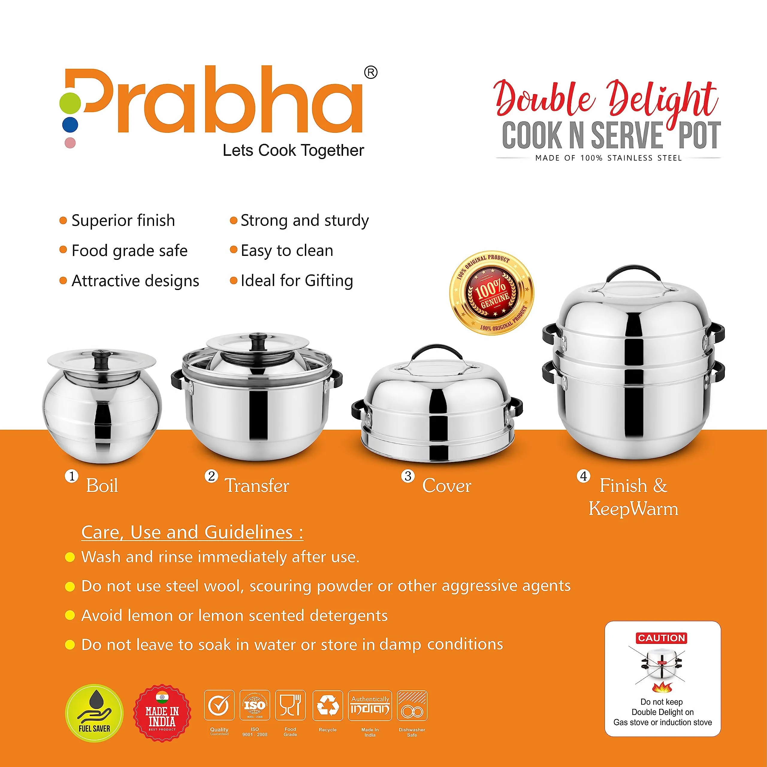 Prabha Stainless Steel Thermal Rice Cooker - Efficient 1Kg Capacity, Thermal Heating, Gas Stove Compatible, Serving Pot, 1-Year Warranty