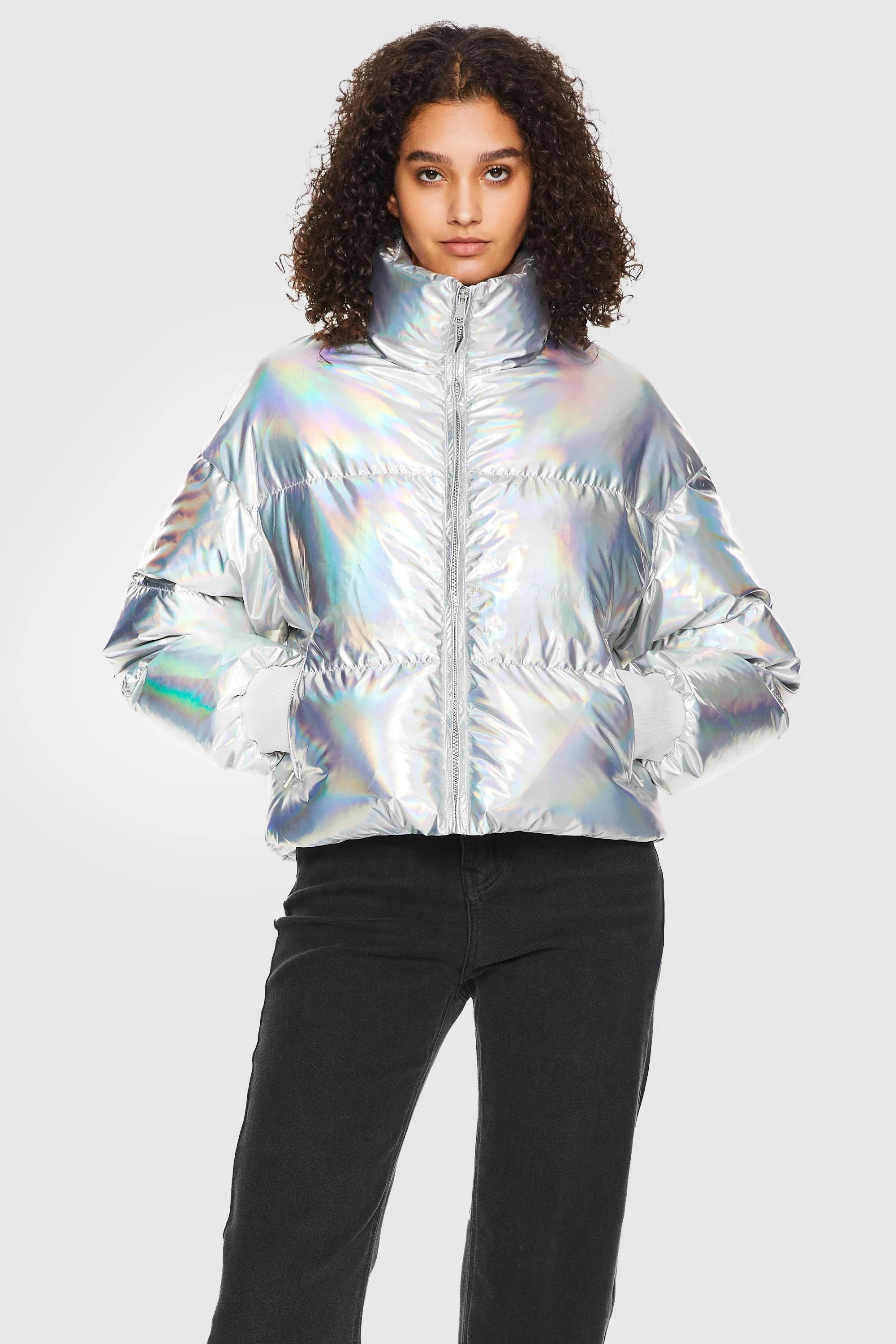 Puff-O Cosmos Metallic Shiny Cropped Winter Puffer Jacket - Metallic Golden