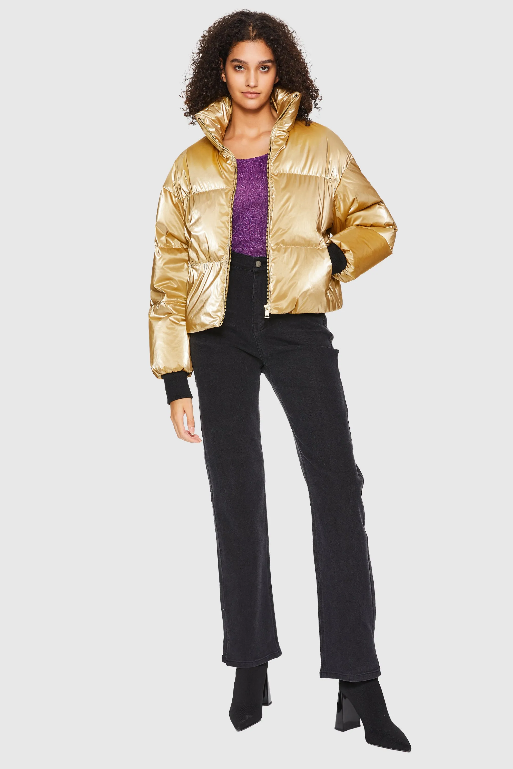 Puff-O Cosmos Metallic Shiny Cropped Winter Puffer Jacket - Metallic Golden