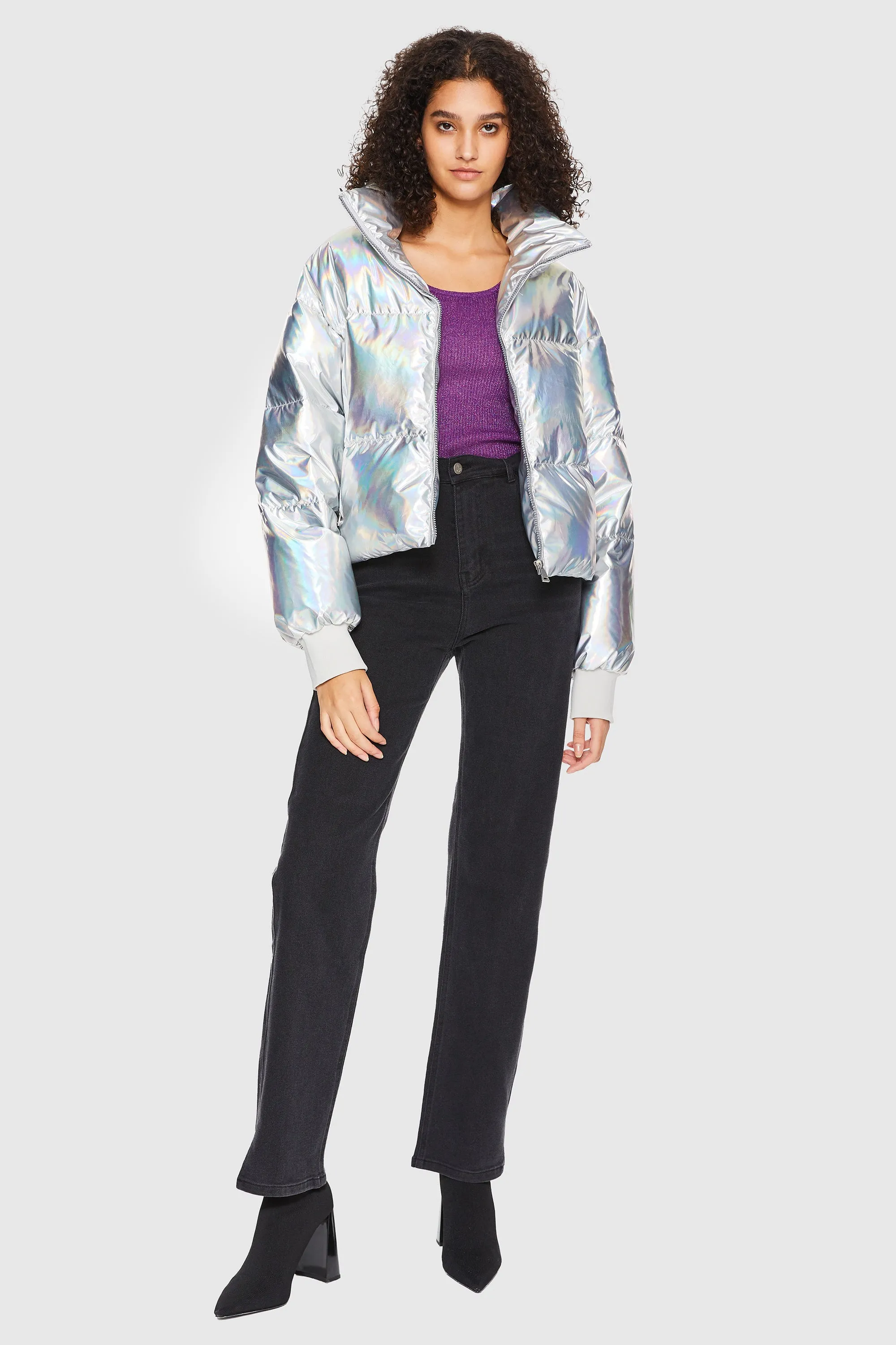 Puff-O Cosmos Metallic Shiny Cropped Winter Puffer Jacket - Metallic Golden