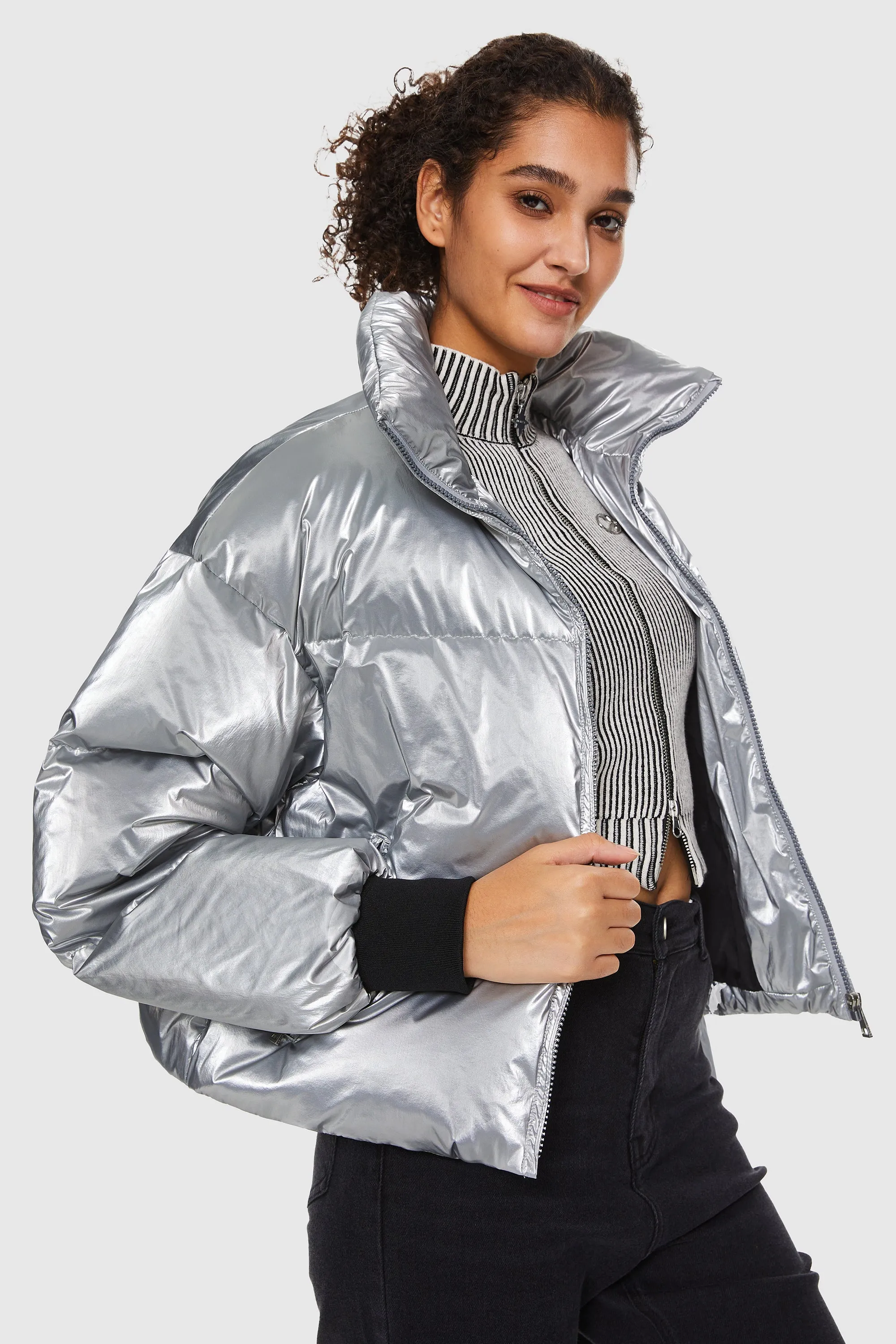 Puff-O Cosmos Metallic Shiny Cropped Winter Puffer Jacket - Metallic Golden