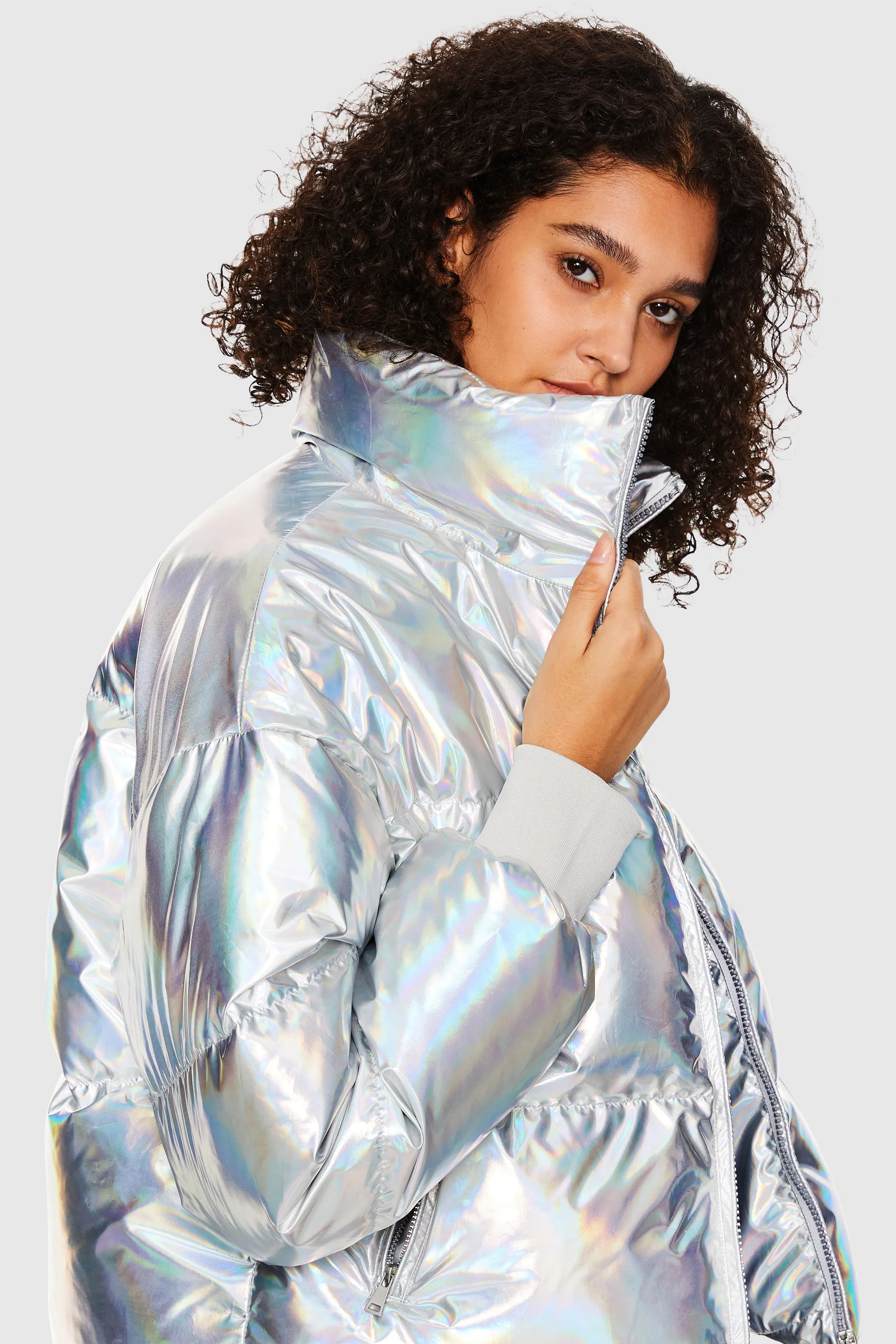 Puff-O Cosmos Metallic Shiny Cropped Winter Puffer Jacket - Metallic Golden